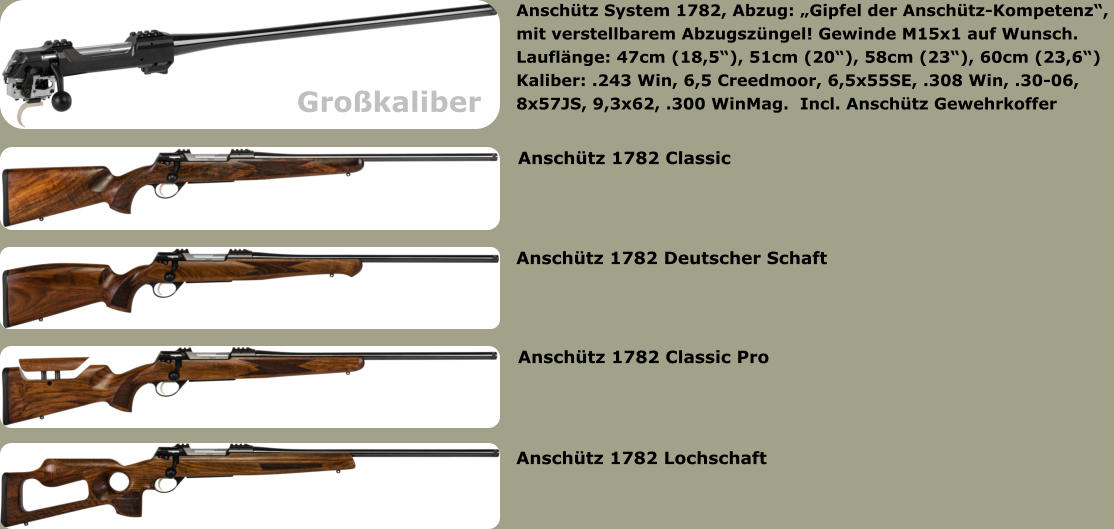 Anschütz System 1782, Abzug: „Gipfel der Anschütz-Kompetenz“, mit verstellbarem Abzugszüngel! Gewinde M15x1 auf Wunsch.Lauflänge: 47cm (18,5“), 51cm (20“), 58cm (23“), 60cm (23,6“) Kaliber: .243 Win, 6,5 Creedmoor, 6,5x55SE, .308 Win, .30-06, 8x57JS, 9,3x62, .300 WinMag.  Incl. Anschütz Gewehrkoffer  Anschütz 1782 Classic	  Anschütz 1782 Deutscher Schaft	  Anschütz 1782 Classic Pro	  Anschütz 1782 Lochschaft   Großkaliber